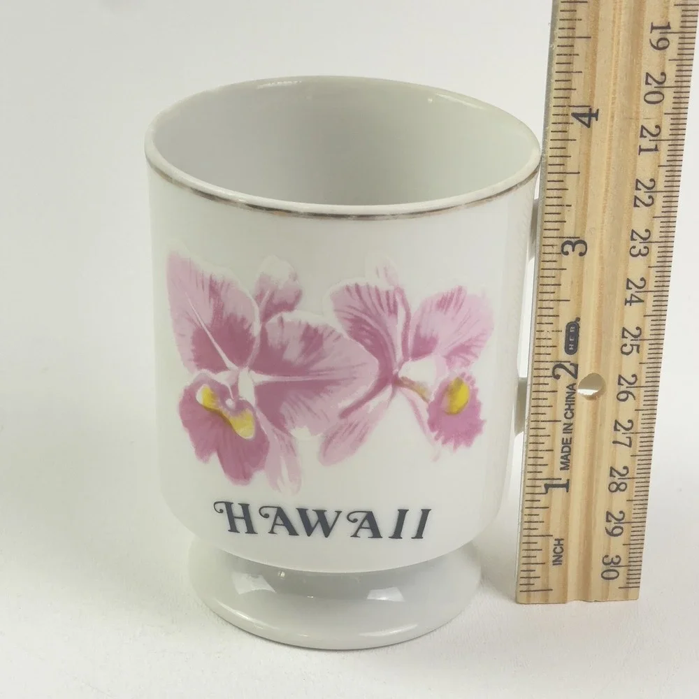 Vintage Souvenir Hawaii Pink Hibiscus Flower Gold Pedestal Coffee Cup Porcelain